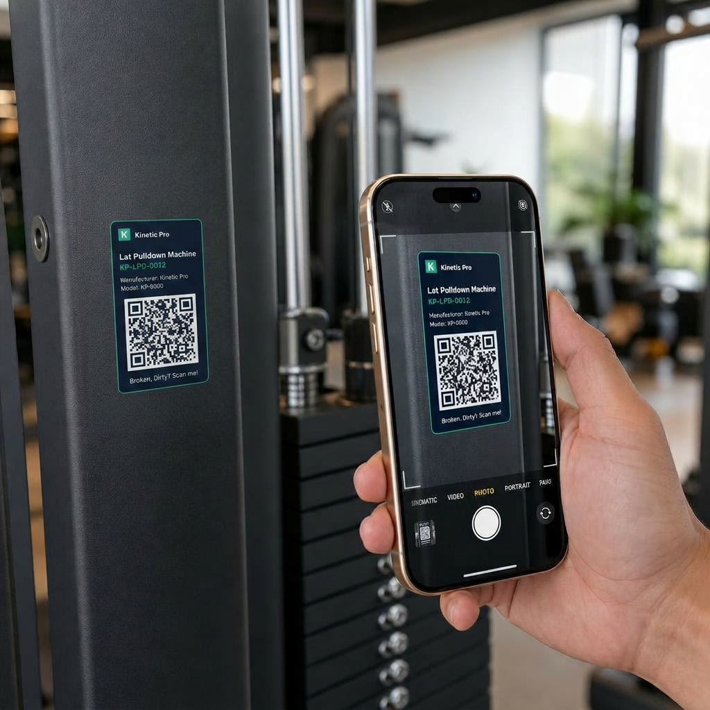 Smartphone scanning a QR code on a treadmill, opening the KineticPro asset dashboard